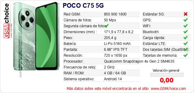 POCO C75 5G Datos técnicos del móvil POCO C75 5G Datos técnicos del móvil