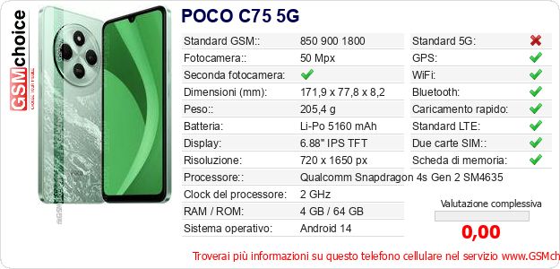 POCO C75 5G Dati tecnici di telefono cellulare POCO C75 5G Dati tecnici di telefono cellulare