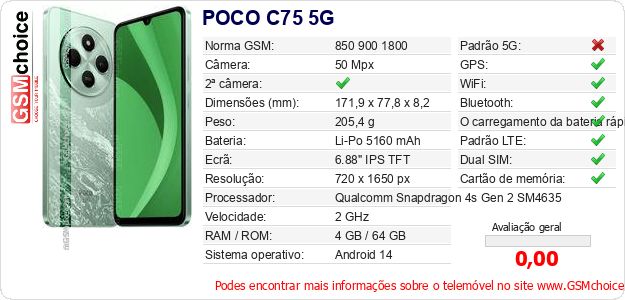 POCO C75 5G Especificações técnicas do telemóvel POCO C75 5G Especificações técnicas do telemóvel