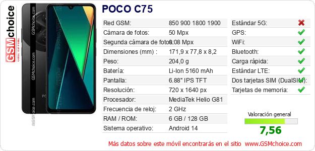 POCO C75 Datos técnicos del móvil POCO C75 Datos técnicos del móvil