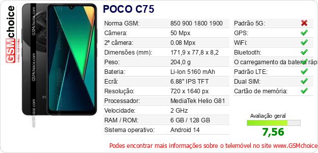 POCO C75 Especificações técnicas do telemóvel POCO C75 Especificações técnicas do telemóvel