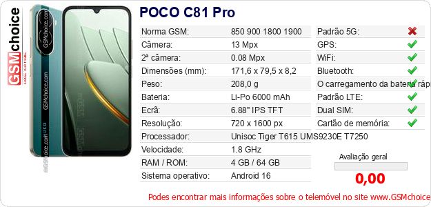 POCO C81 Pro Especificações técnicas do telemóvel 