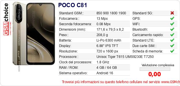 POCO C81 Dati tecnici di telefono cellulare 