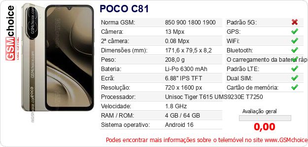 POCO C81 Especificações técnicas do telemóvel 