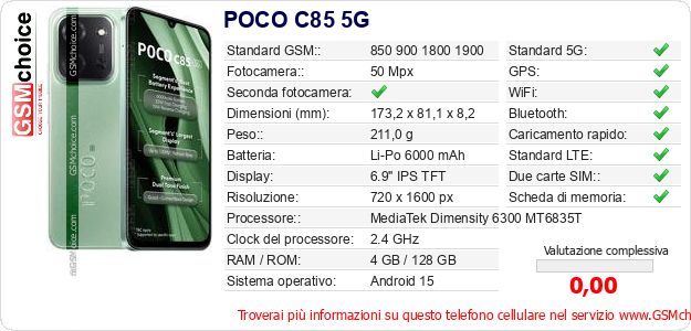 POCO C85 5G Dati tecnici di telefono cellulare POCO C85 5G Dati tecnici di telefono cellulare