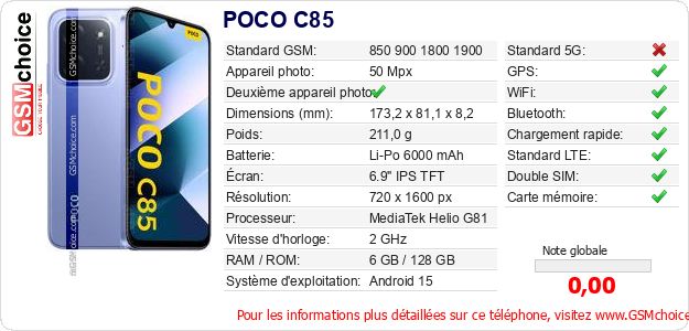 POCO C85 Fiche technique
