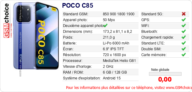 POCO C85 Fiche technique