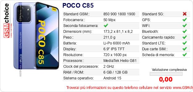 POCO C85 Dati tecnici di telefono cellulare POCO C85 Dati tecnici di telefono cellulare