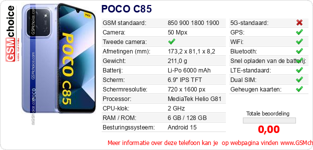 POCO C85 Technische gegevens 