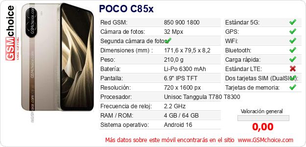 POCO C85x Datos técnicos del móvil POCO C85x Datos técnicos del móvil