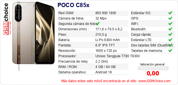 POCO C85x Datos técnicos del móvil 