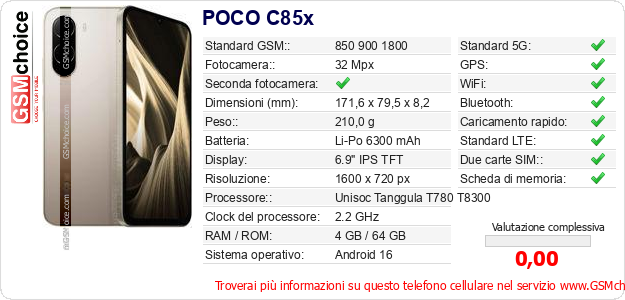 POCO C85x Dati tecnici di telefono cellulare 