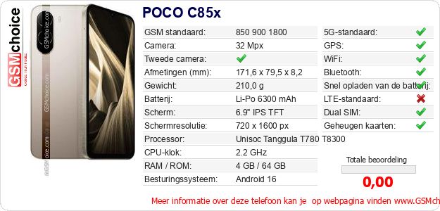 POCO C85x Technische gegevens POCO C85x Technische gegevens