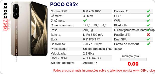 POCO C85x Especificações técnicas do telemóvel 
