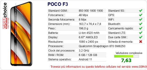 POCO F3 Dati tecnici di telefono cellulare 