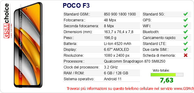 POCO F3 Dati tecnici di telefono cellulare 