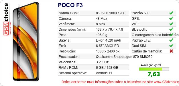 POCO F3 Especificações técnicas do telemóvel 