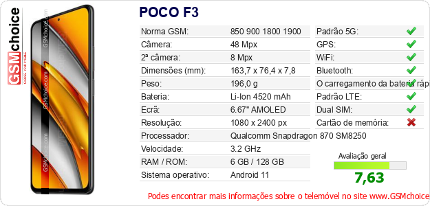 POCO F3 Especificações técnicas do telemóvel 