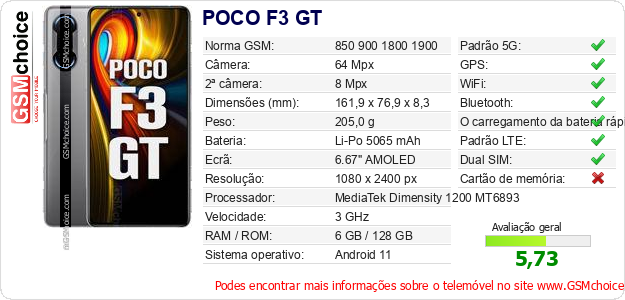 POCO F3 GT Especificações técnicas do telemóvel 
