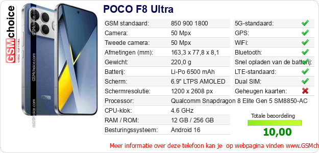 POCO F8 Ultra Technische gegevens POCO F8 Ultra Technische gegevens