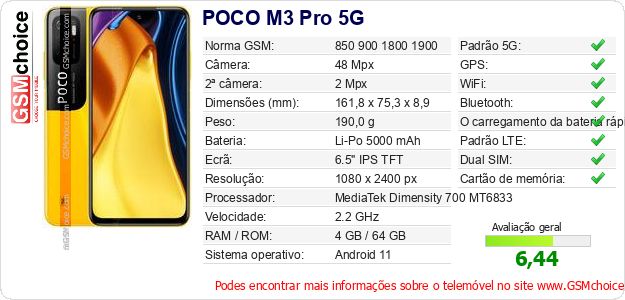 POCO M3 Pro 5G Especificações técnicas do telemóvel POCO M3 Pro 5G Especificações técnicas do telemóvel
