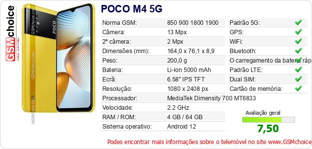 POCO M4 5G Especificações técnicas do telemóvel 