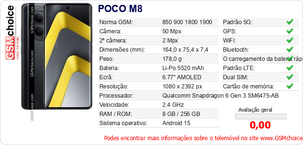 POCO M8 Especificações técnicas do telemóvel POCO M8 Especificações técnicas do telemóvel