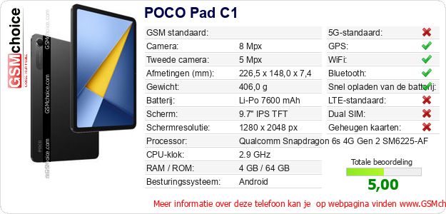 POCO Pad C1 Technische gegevens POCO Pad C1 Technische gegevens