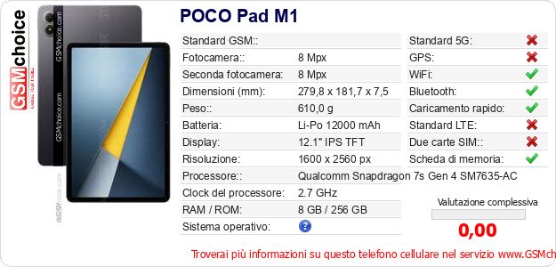 POCO Pad M1 Dati tecnici di telefono cellulare POCO Pad M1 Dati tecnici di telefono cellulare