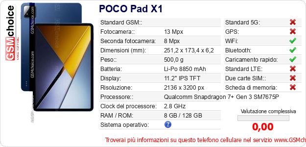 POCO Pad X1 Dati tecnici di telefono cellulare POCO Pad X1 Dati tecnici di telefono cellulare