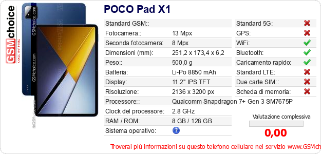 POCO Pad X1 Dati tecnici di telefono cellulare POCO Pad X1 Dati tecnici di telefono cellulare