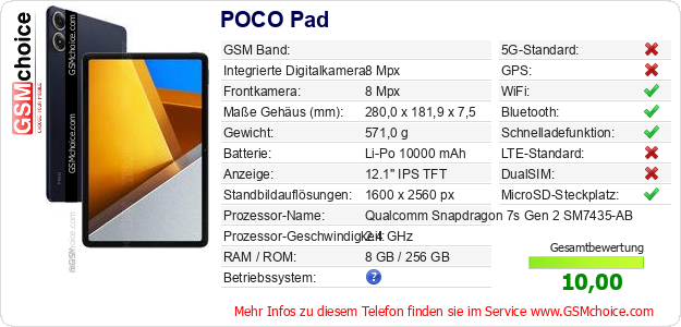 POCO Pad technische Daten POCO Pad technische Daten