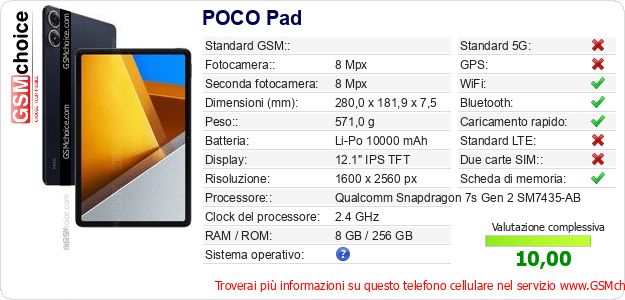 POCO Pad Dati tecnici di telefono cellulare POCO Pad Dati tecnici di telefono cellulare