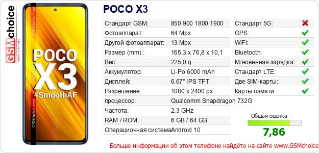 POCO X3 Технические данные телефона POCO X3 Технические данные телефона