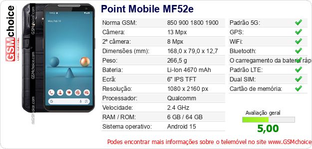 Point Mobile MF52e Especificações técnicas do telemóvel Point Mobile MF52e Especificações técnicas do telemóvel