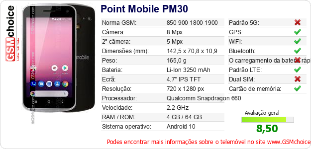 Point Mobile PM30 Especificações técnicas do telemóvel 