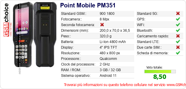 Point Mobile PM351 Dati tecnici di telefono cellulare Point Mobile PM351 Dati tecnici di telefono cellulare