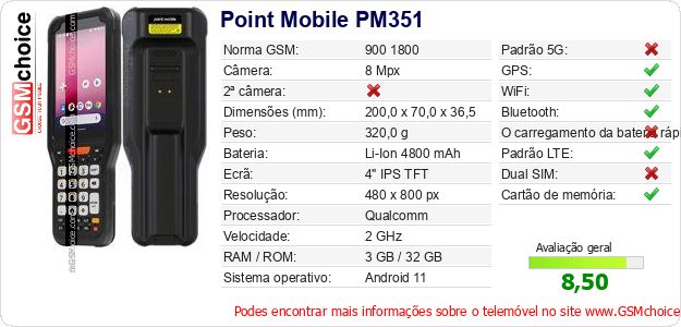 Point Mobile PM351 Especificações técnicas do telemóvel 