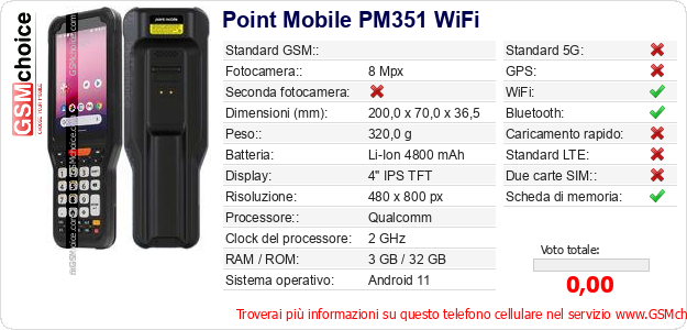 Point Mobile PM351 WiFi Dati tecnici di telefono cellulare 