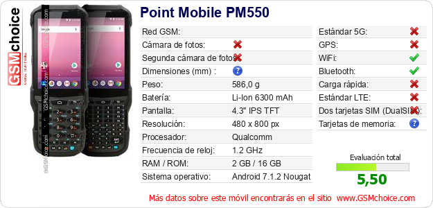 Point Mobile PM550 Datos técnicos del móvil 