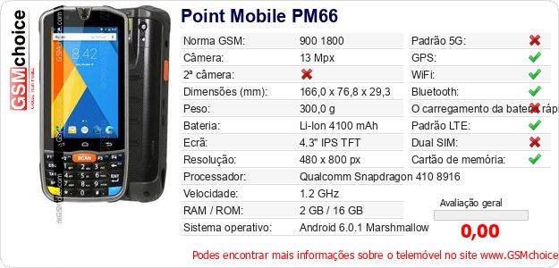 Point Mobile PM66 Especificações técnicas do telemóvel Point Mobile PM66 Especificações técnicas do telemóvel