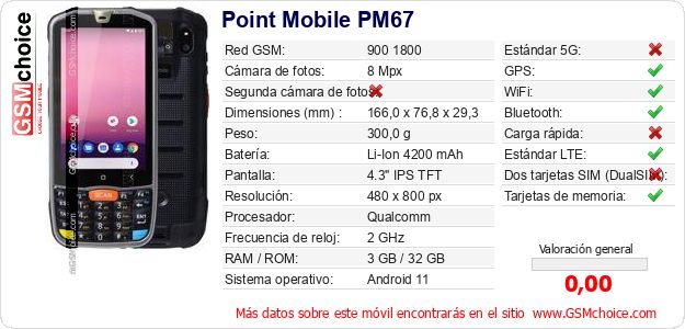 Point Mobile PM67 Datos técnicos del móvil Point Mobile PM67 Datos técnicos del móvil