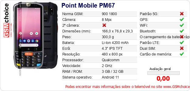 Point Mobile PM67 Especificações técnicas do telemóvel Point Mobile PM67 Especificações técnicas do telemóvel