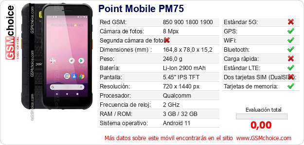 Point Mobile PM75 Datos técnicos del móvil Point Mobile PM75 Datos técnicos del móvil