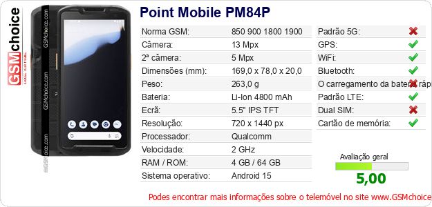 Point Mobile PM84P Especificações técnicas do telemóvel Point Mobile PM84P Especificações técnicas do telemóvel