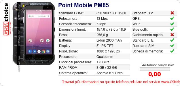 Point Mobile PM85 Dati tecnici di telefono cellulare Point Mobile PM85 Dati tecnici di telefono cellulare