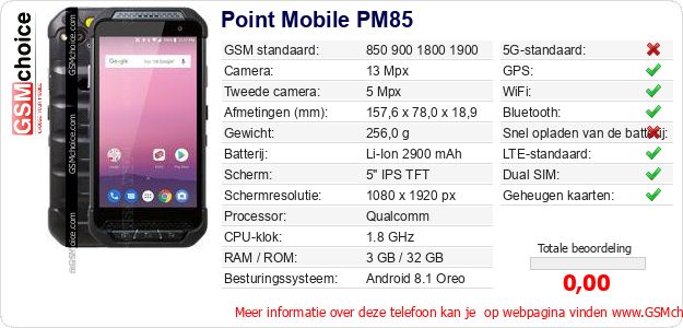 Point Mobile PM85 Technische gegevens Point Mobile PM85 Technische gegevens