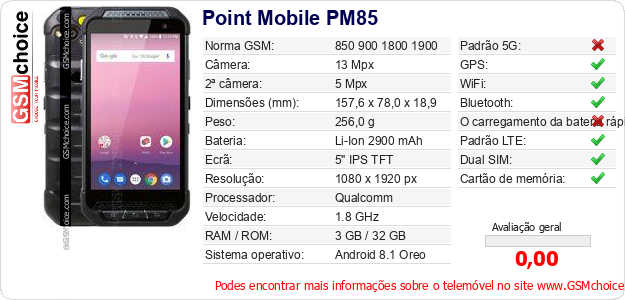 Point Mobile PM85 Especificações técnicas do telemóvel 