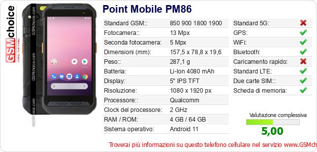 Point Mobile PM86 Dati tecnici di telefono cellulare Point Mobile PM86 Dati tecnici di telefono cellulare
