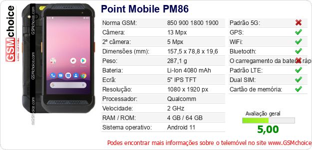 Point Mobile PM86 Especificações técnicas do telemóvel Point Mobile PM86 Especificações técnicas do telemóvel
